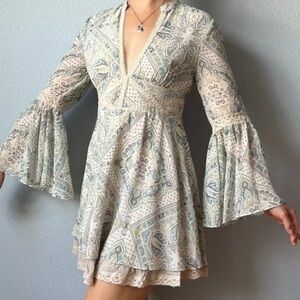 Free People Paisley Mini Dress - Cream and Blue